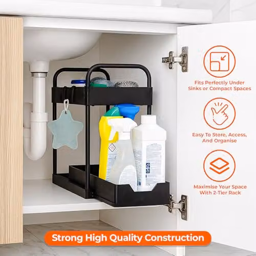 Innoteck 2-Tier Under Sink Organiser with 4 Hooks and 2 Cups, Black, H: 40 cm, L: 39 cm, D: 30 cm (Pack of 2) – 2