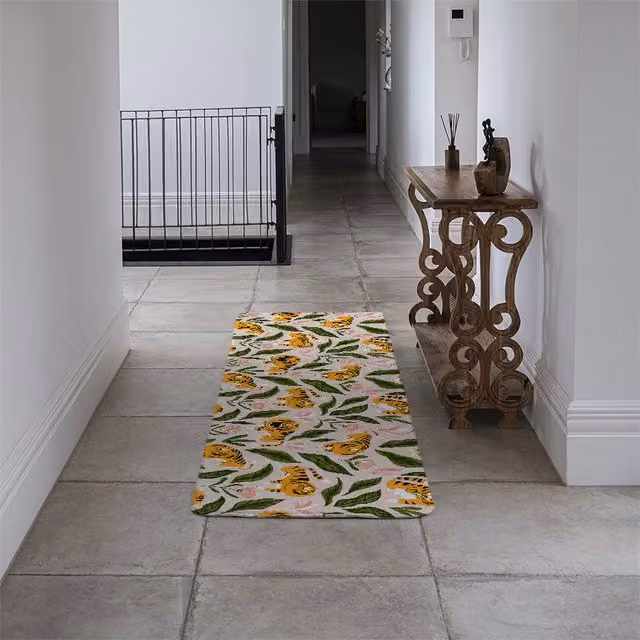 Benjamin Tate Design LTD Designer Runner Rug with Tigers and Tropical Leaves, Green and Multicolour Polypropylene Non-Slip Rug