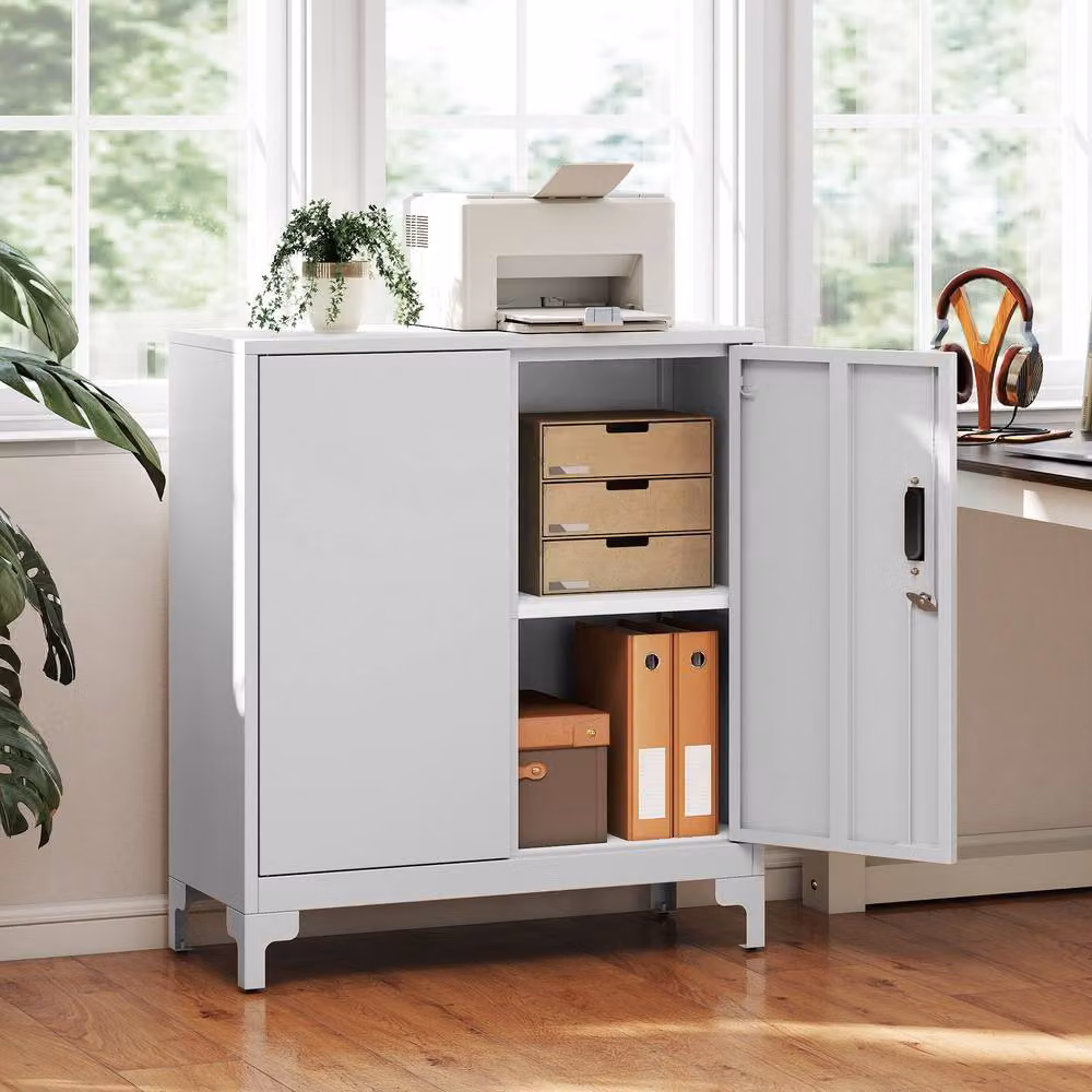 Rolipo Modern White Metal 2-Tier Lockable Storage Cabinet with Adjustable Shelves and Hinged Double Doors – 3