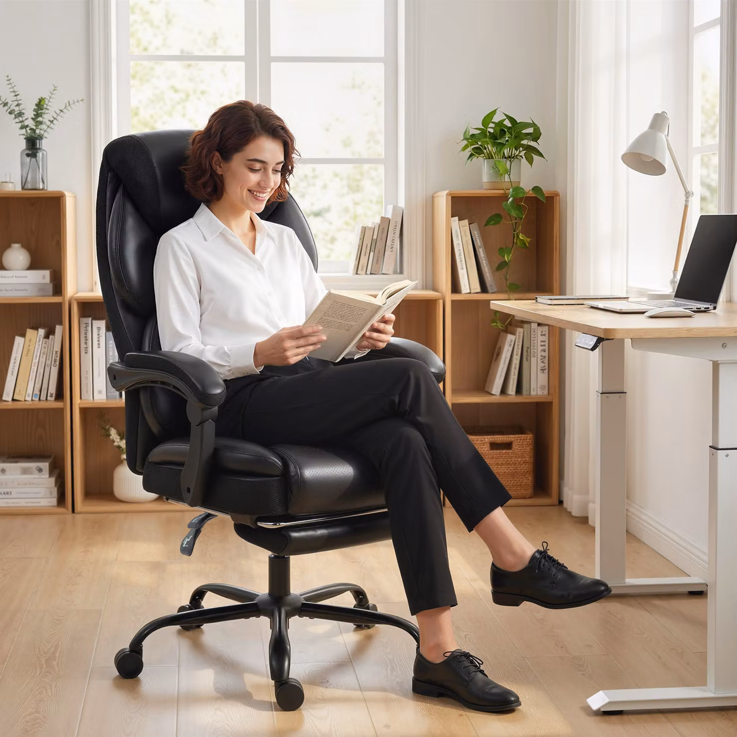 HOMCOM Black Adjustable Reclining Office Chair with Footrest, Armrests and Headrest – 8