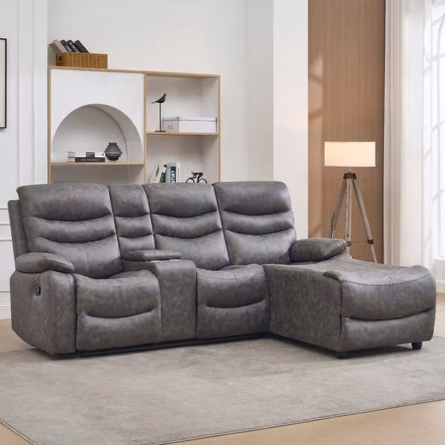 More4Homes Avon 3 Seater L-Shape Recliner Chaise Sofa in Grey Fabric with Cup Holders, W/D/H: 237 x 108 x 108 cm