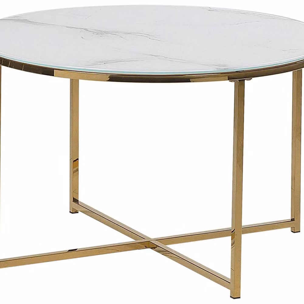Wyld and Coco Round White and Gold Marble-Effect Coffee Table with Glass Top – 2