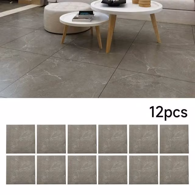 Kelvenix Set of 12 Self-Adhesive Stone-Look Floor Tiles, Grey Concrete, W: 52 cm, L: 1000 cm – 1