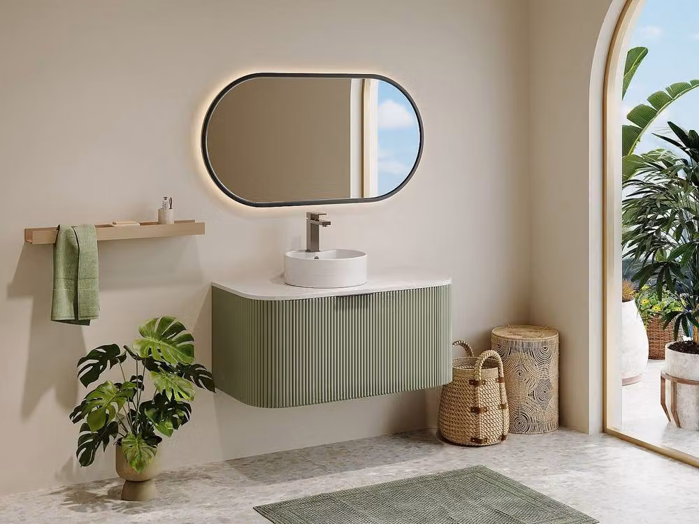 LOMERI Striped Wall-Mounted Bathroom Vanity Unit in Matt Green, Width: 100 cm – 2