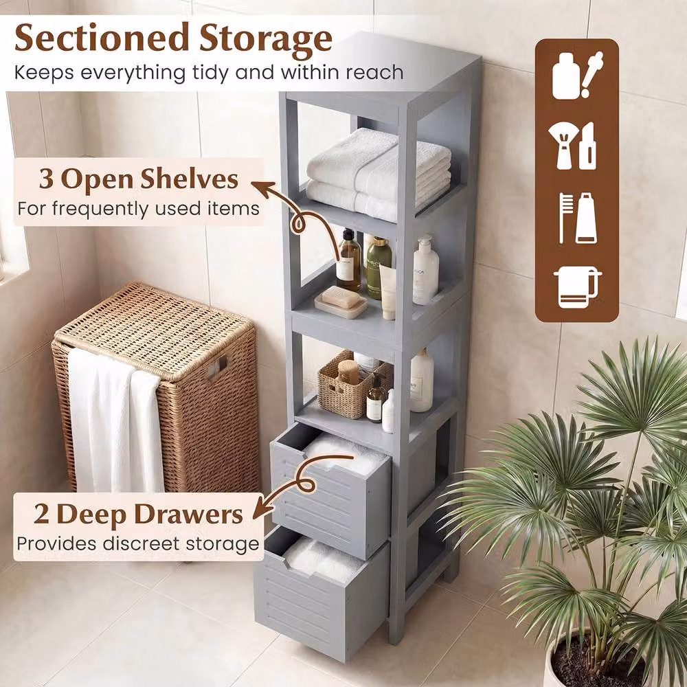 Costway Grey Narrow Bathroom Floor Storage Cabinet with 2 Drawers and 3 Shelves, W/D/H: 30 x 30 x 144.5 cm – 5
