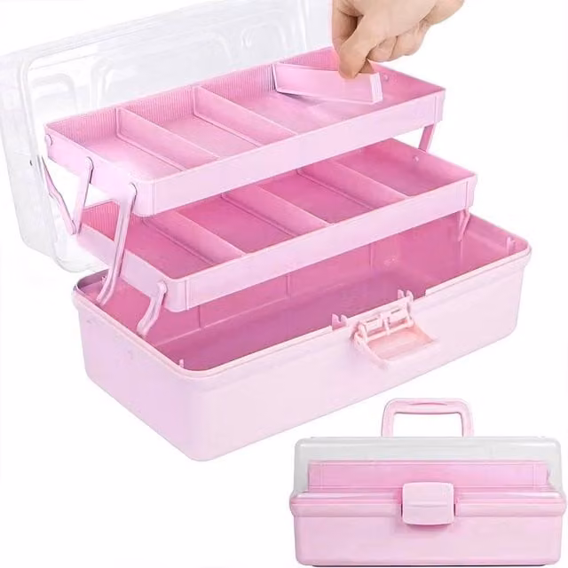VOGREX Pink 3-Layer Portable Craft Storage Box with 2 Trays and Lid