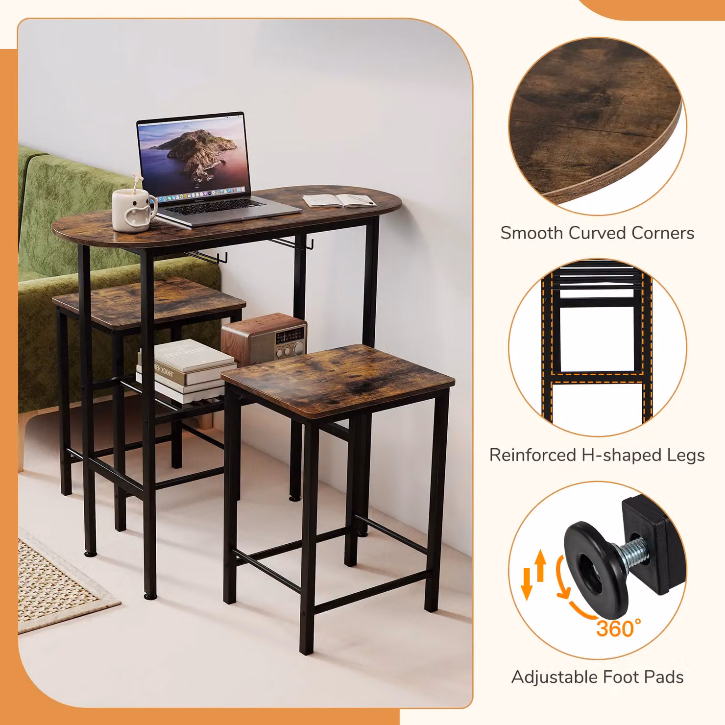 Costway 3 Piece Counter Height Dining Set with Oval Table and 2 Stools in Brown – 7