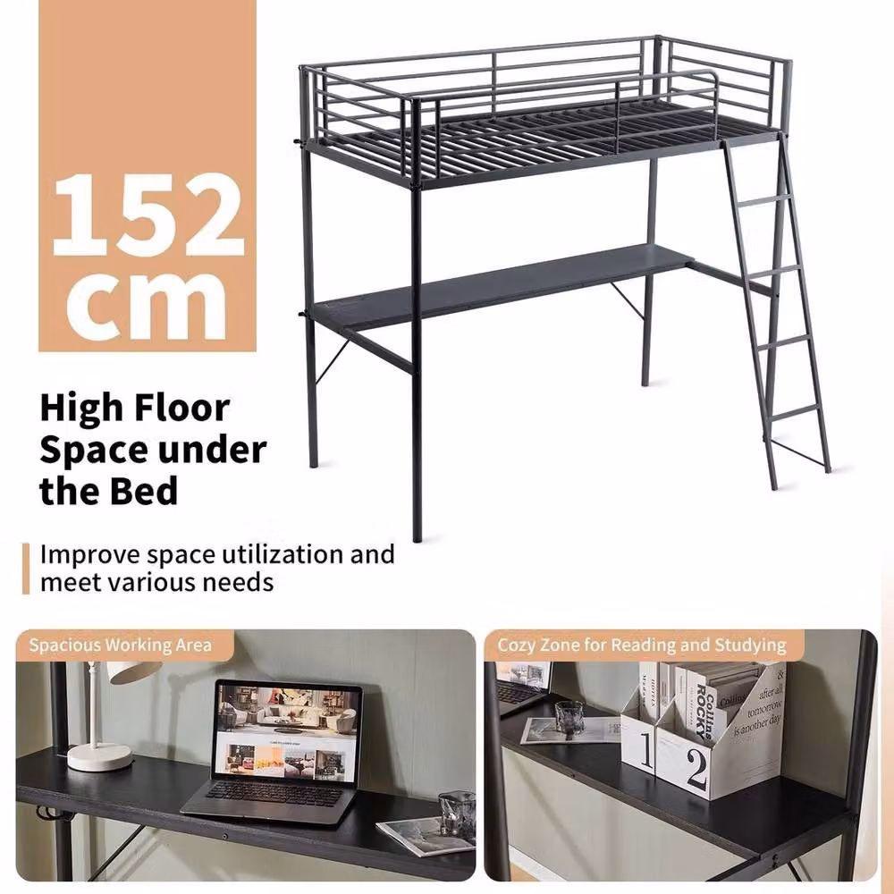 FORGEVIO Single Metal Loft Bed Frame in Black, W/D/H: 152 x 70 x 32 cm – 3