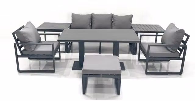 Fimous Outdoor Aluminium Garden Furniture Set in Dark Grey with Adjustable Rising Dining Table, 3 Seater Sofa, 2 Chairs, Large Footstool and 2 Side Tables