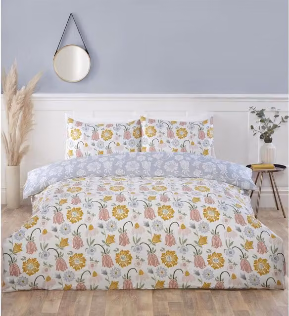 Rapport Reversible Floral Microfibre Duvet Cover and Pillowcase Set, White and Multicolour, W: 90 cm, L: 190 cm