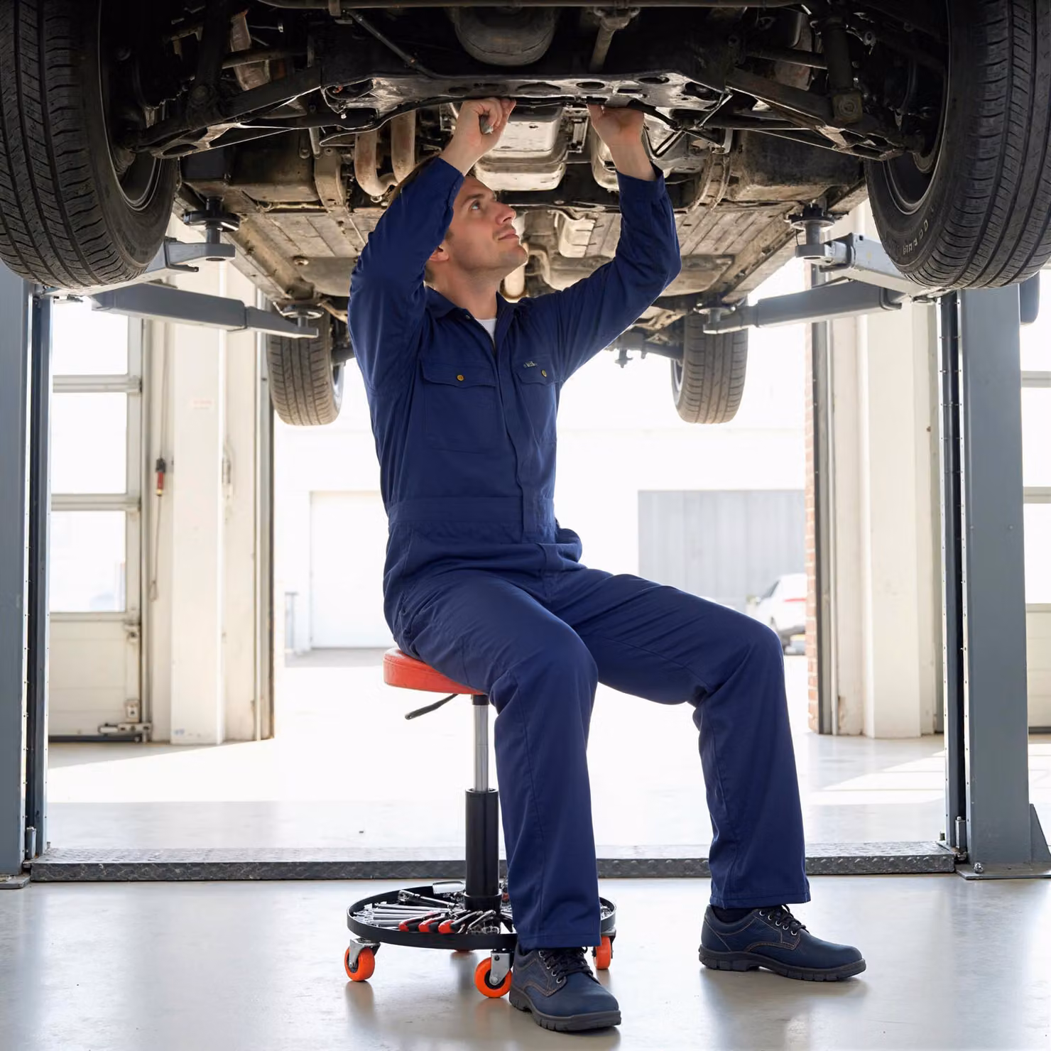 HOMCOM Orange Rolling Mechanical Workshop Stool with Pneumatic Adjustment, Tool Tray and Castors – 7