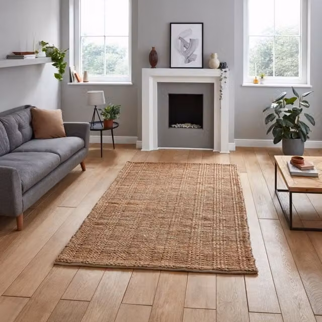 The Rug Shop UK Beige Striped Jute Modern Easy Care Rectangular Area Rug W: 150 cm, D: 230 cm