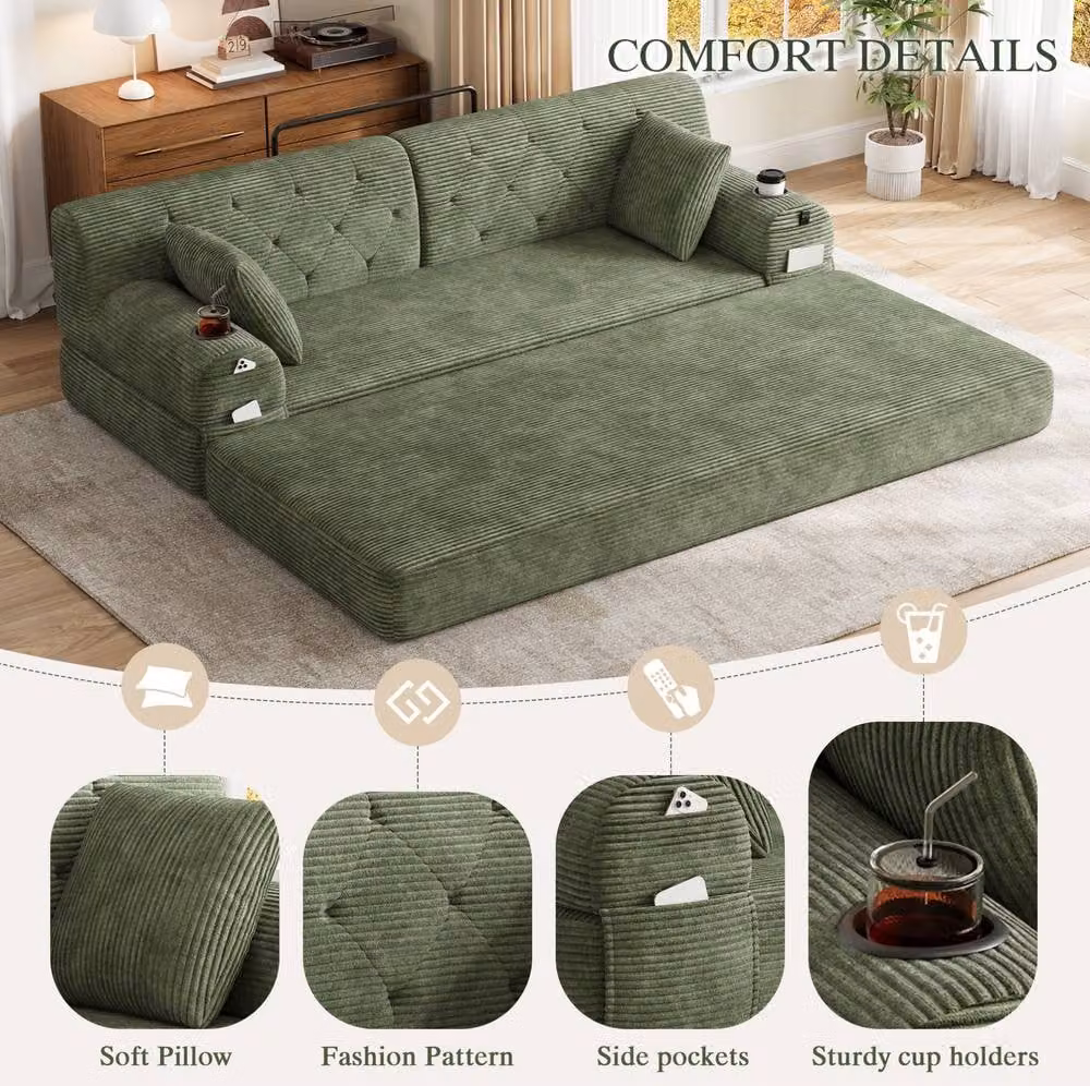 STILVORA Green Upholstered Click-Clack Sleeper Sofa with Cup Holders and Metal Frame – 4