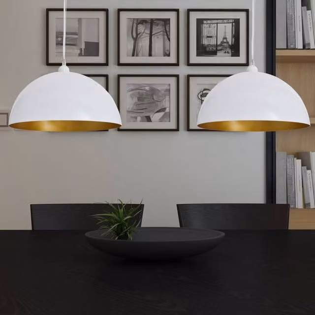 Berkfield Home Set of 2 Modern White Metal Semi-spherical Suspended Ceiling Lamps with Height-adjustable Dome Design
