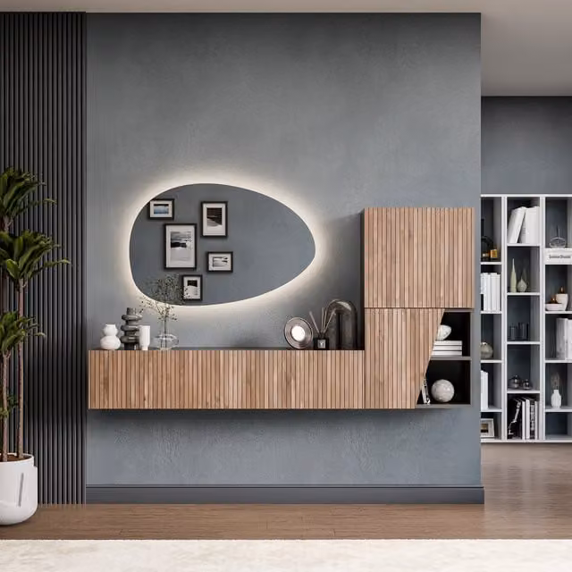 Decorotika Strasbourg Wall Mounted Scandinavian Entertainment Center in Black with Integrated LED Lighting and Striped Pattern