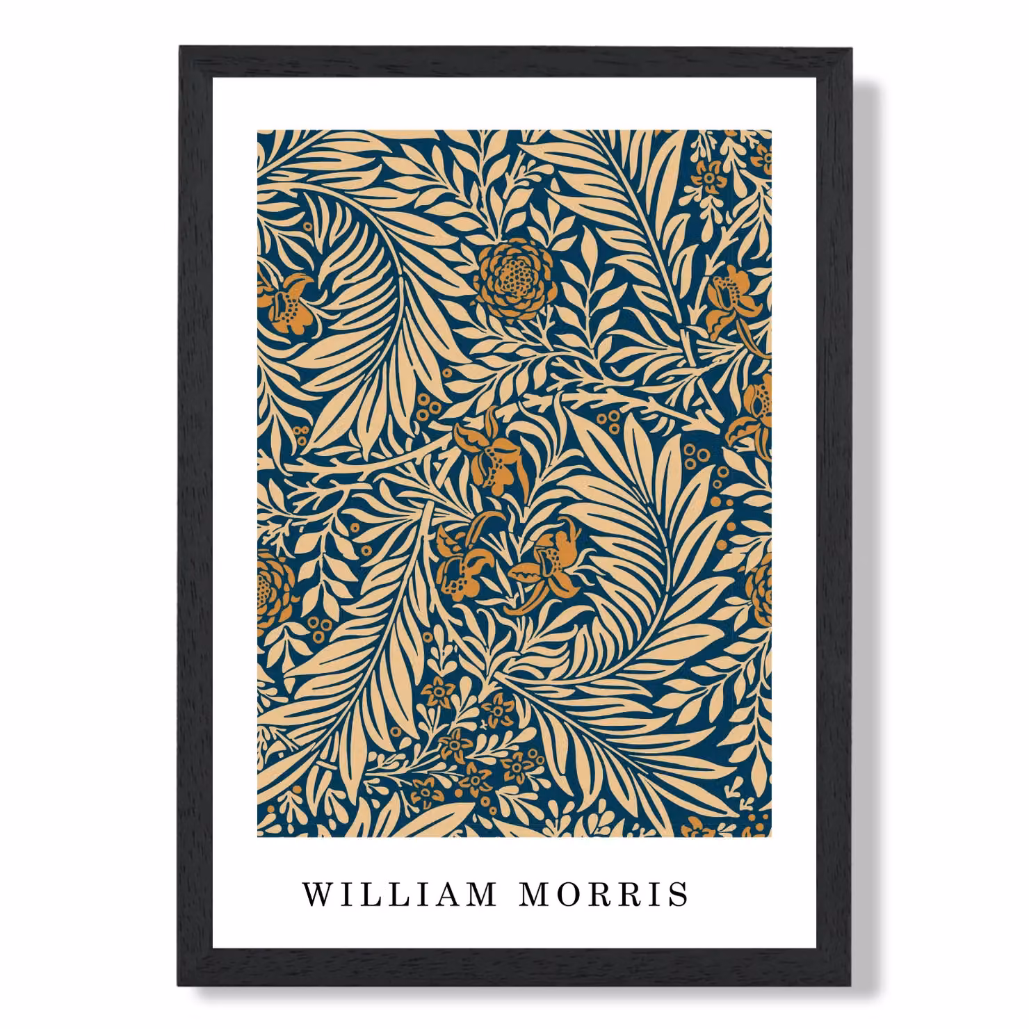 ARTZE Vintage William Morris Larkspur Floral Art Print in Navy and Beige with Black Frame, A4 – 2