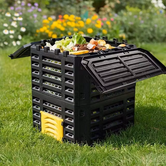 Livingandhome Large Garden Compost Bin with Flip Lid, Black and Yellow, 340l