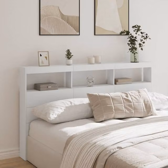 Berkfield Home Modern White Headboard Cabinet with LED Lighting and USB Charging Port, W/D/H: 180 x 17 x 102 cm – 1