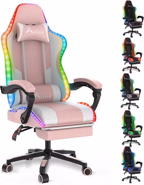 Alivio Pink RGB LED Gaming Chair with Massage Support, Footrest and App Control in Synthetic PU Leather