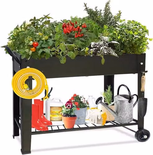 Huhote Metal Raised Garden Bed with Legs and Storage Shelf in Black, W/D/H: 101 x 28 x 80 cm