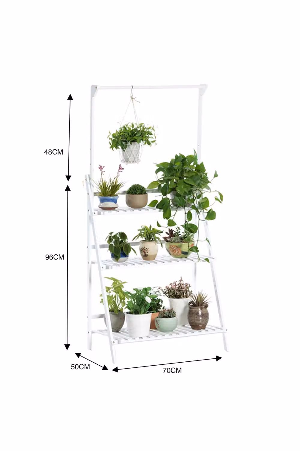 Living and Home 3-Tier Foldable Wooden Ladder Shelf with Hanging Rod in White – 2