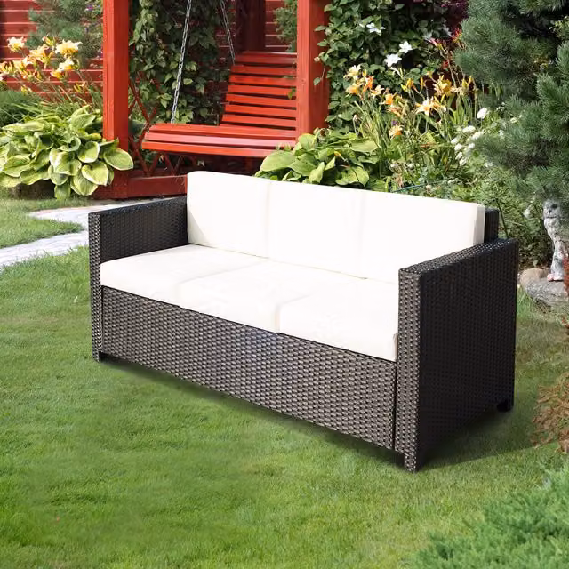Outsunny 3 Seater Rattan Wicker Sofa with Cushions in Black – 1