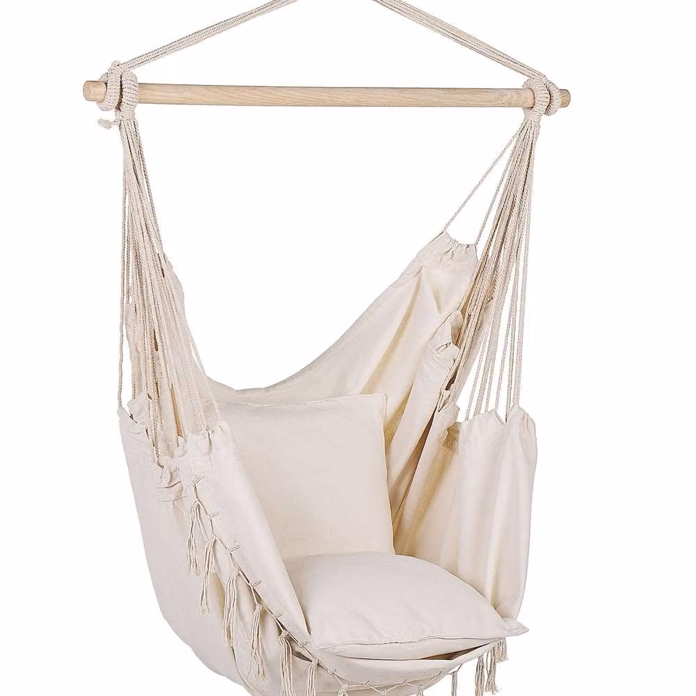 Wyld and Coco Beige Boho Hanging Hammock Chair with Cotton and Polyester Cushions – 2