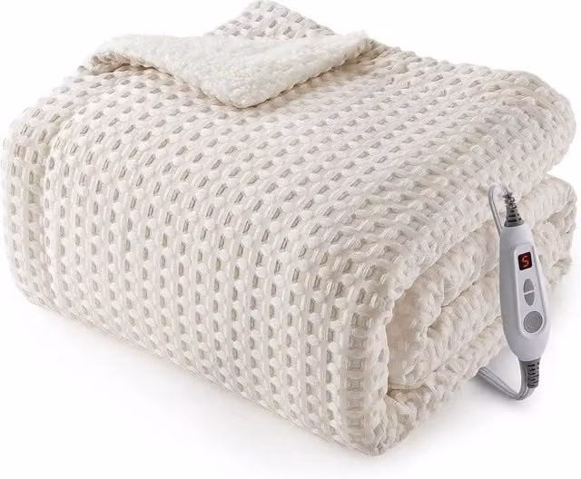 VOGREX Heated Electric Blanket Throw in Beige with Waffle Knit and Fleece and Auto Shut-Off Timer