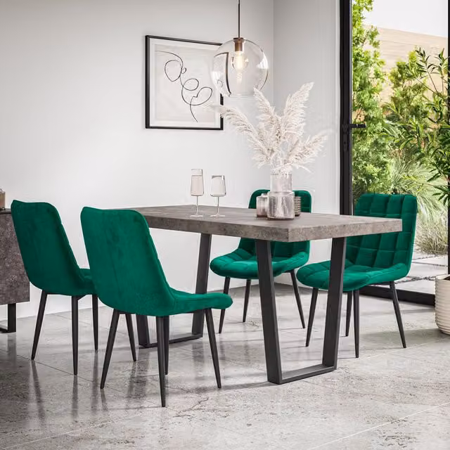 More4Homes Aria Dining Table and Nova Green Velvet Chair Set, Concrete Effect Table Top with Black Legs, W/D/H: 160 x 80 x 76 cm