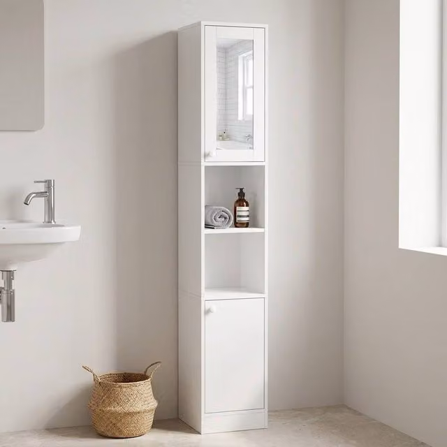 STILVORA Modern Freestanding White Bathroom Storage Cabinet with Glass Doors, Mirror, LED Lighting and Internal Shelves