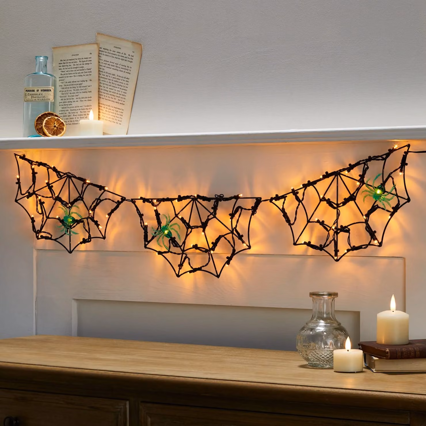Lights4fun Black and Amber LED Spider Web Hanging Decoration, Battery Operated with Timer – 1