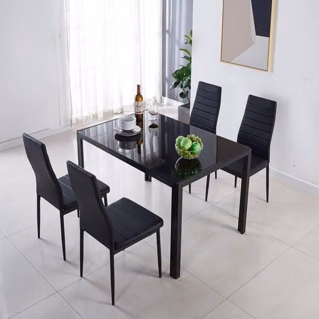 Kosy Koala Modern Black Glass Rectangular Dining Table and 4 Black Faux Leather Chairs Set