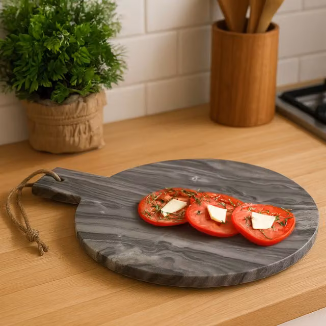 Orsina Grey Solid Marble Round Paddle Serving Board – 2