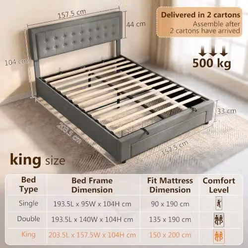 HOMCOM Upholstered Velvet Ottoman Bed with Lift Up Storage Base, Grey, W/D/H: 150 x 200 x 104 cm – 5