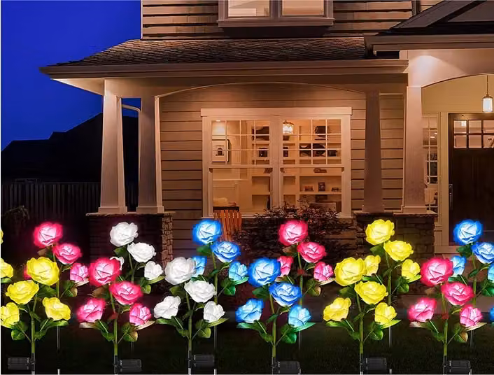 Leaper Solar-Powered 4-Head Rose Decorative Landscape Light in Pink – 5
