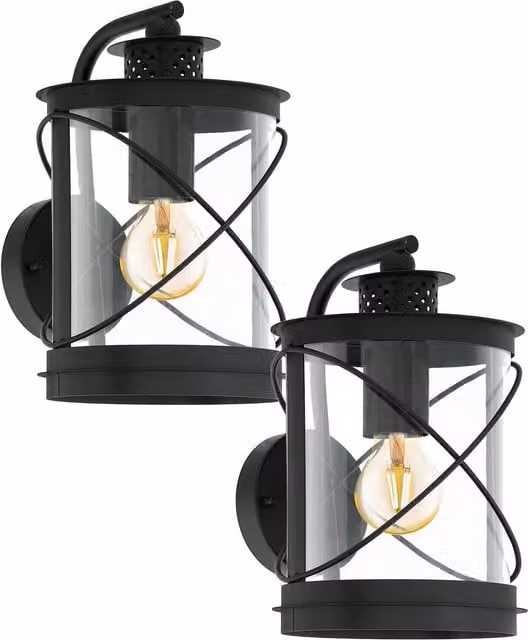 Loops 2 Pack Black Metal Outdoor Wall Lanterns with Transparent Glass and IP44 Rating