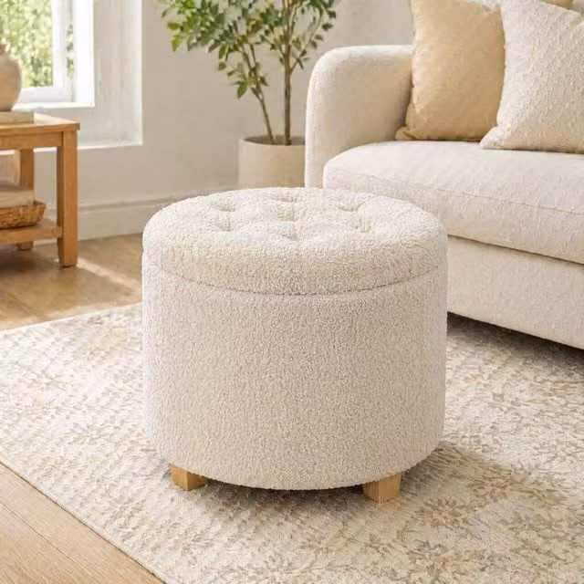 STILVORA Storage Stool with Padded Bouclé Seat in Beige