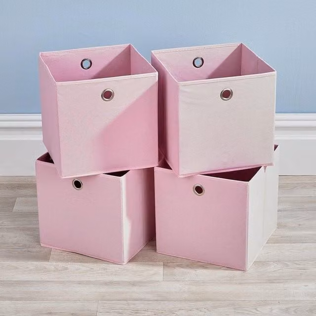 Home Source 4 Piece Folding Square Fabric Storage Utility Box Drawer Set in Pink