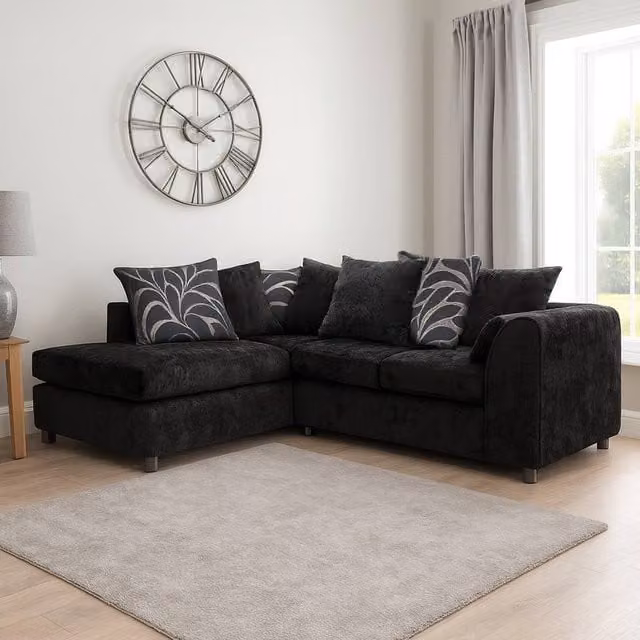 Furnishings For Less UK Zina 3-4 Seater L-Shaped Corner Sofa in Black Chenille Fabric, Left Hand Facing