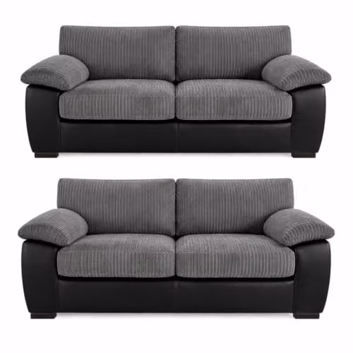 SQUAREBOXX Amalfi 3 and 2 Seater Sofa Set with Black Leather Base and Grey Jumbo Cord Cushions – 4