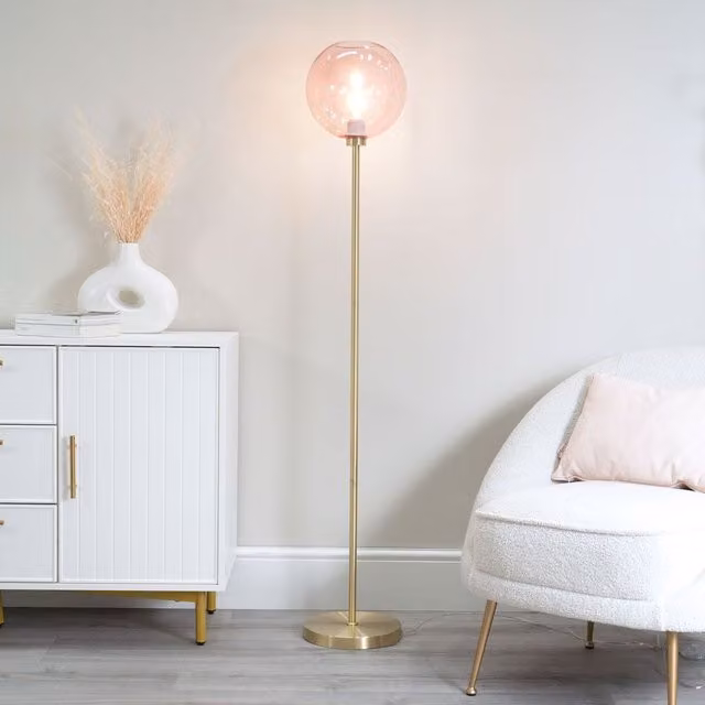 ValueLights Frenchie Art Deco Floor Lamp with Pink Tinted Glass Globe and Gold Stem – 1