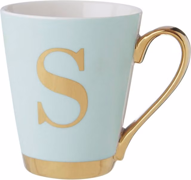 Orsina Green and Gold Frosted Deco S Letter Monogram Bone China Mug
