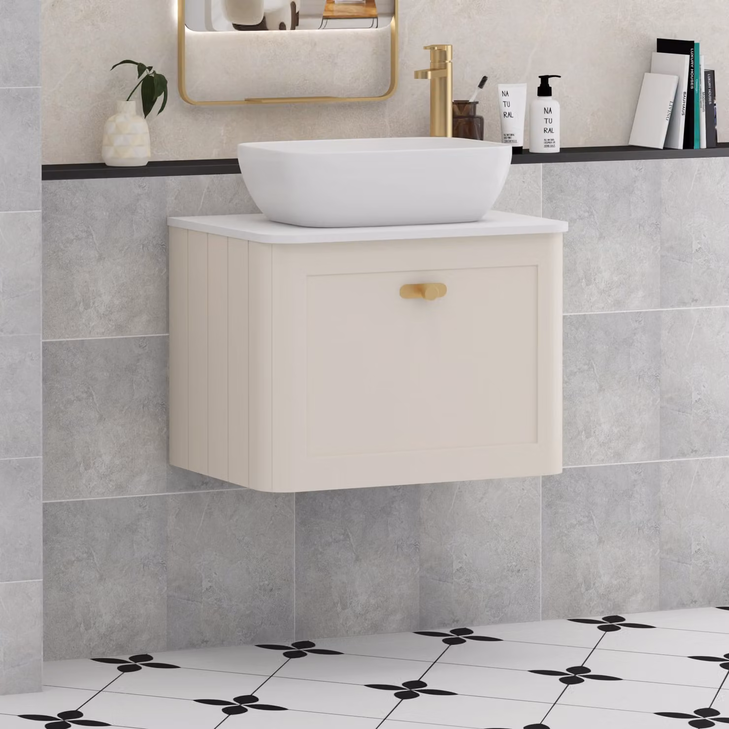 Royal Bathrooms Henley 600mm Wall Hung Vanity Unit in Mushroom Cashmere with Elva Basin, Plain White Worktop and Brushed Brass Knob