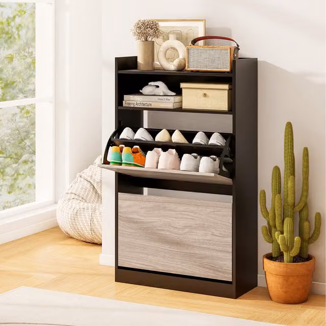 COSTWAY Modern Black Matt Entryway Shoe Storage Cabinet with Tilting Compartments and Open Shelves
