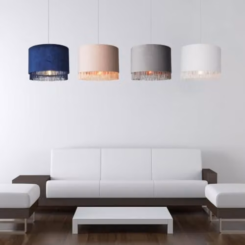 First Choice Lighting Set of 2 Navy Blue Velvet Easy Fit Round Tassled Light Shades with Chrome Detail – 4
