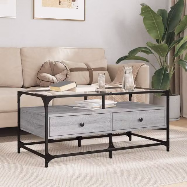 Berkfield Home Grey Sonoma Coffee Table with Glass Top and Steel Frame, W: 98.5 cm, D: 50 cm, H: 45 cm – 1