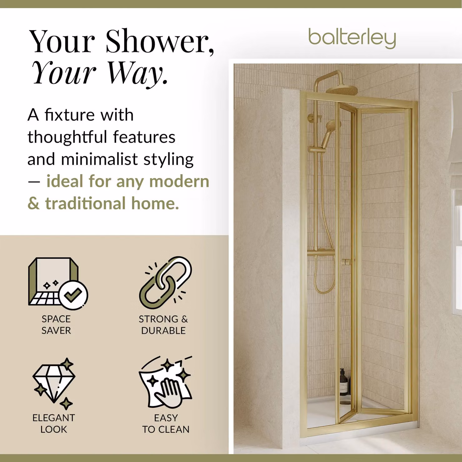 Balterley 4mm Glass Bi-Fold Shower Door, Gold, W: 76 cm, H: 190 cm – 2