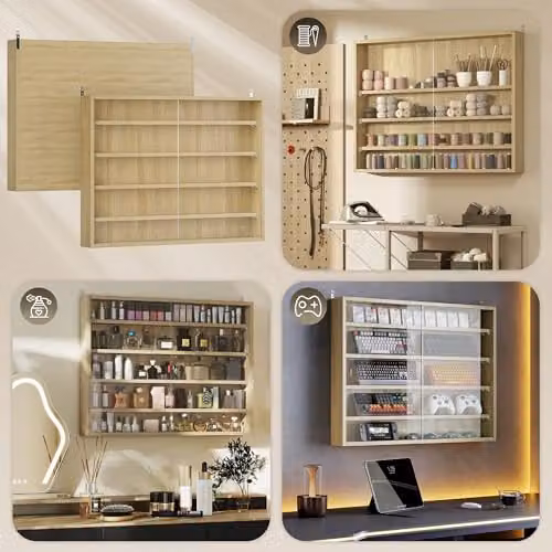 HOMCOM Wall Mounted 5-Tier Display Cabinet with Glass Doors in Oak Brown, W: 60 cm, H: 80 cm – 3