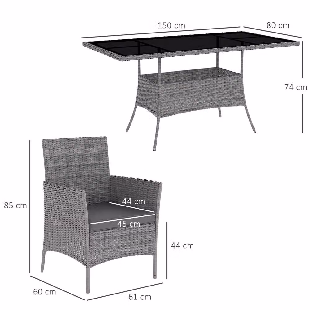 Outsunny 7-Piece Grey Polyrattan Garden Dining Set with Glass Top Table and 6 Chairs – 8