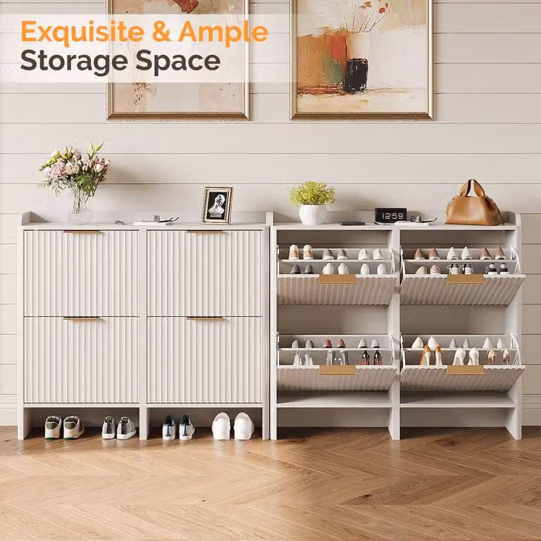 EONLION White Modern Wall Mounted Shoe Cabinet with 4 Tilting Compartments and Ventilation